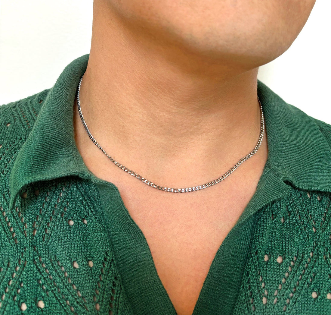 thin silver curb chain mens waterproof jewelry