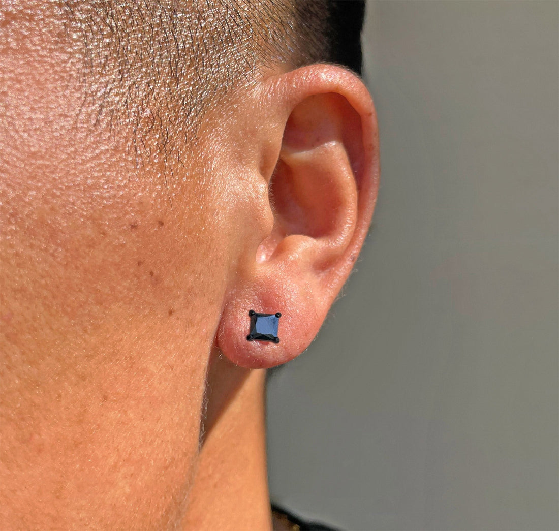 black sqaure diamond stud earrings mens waterproof jewelry