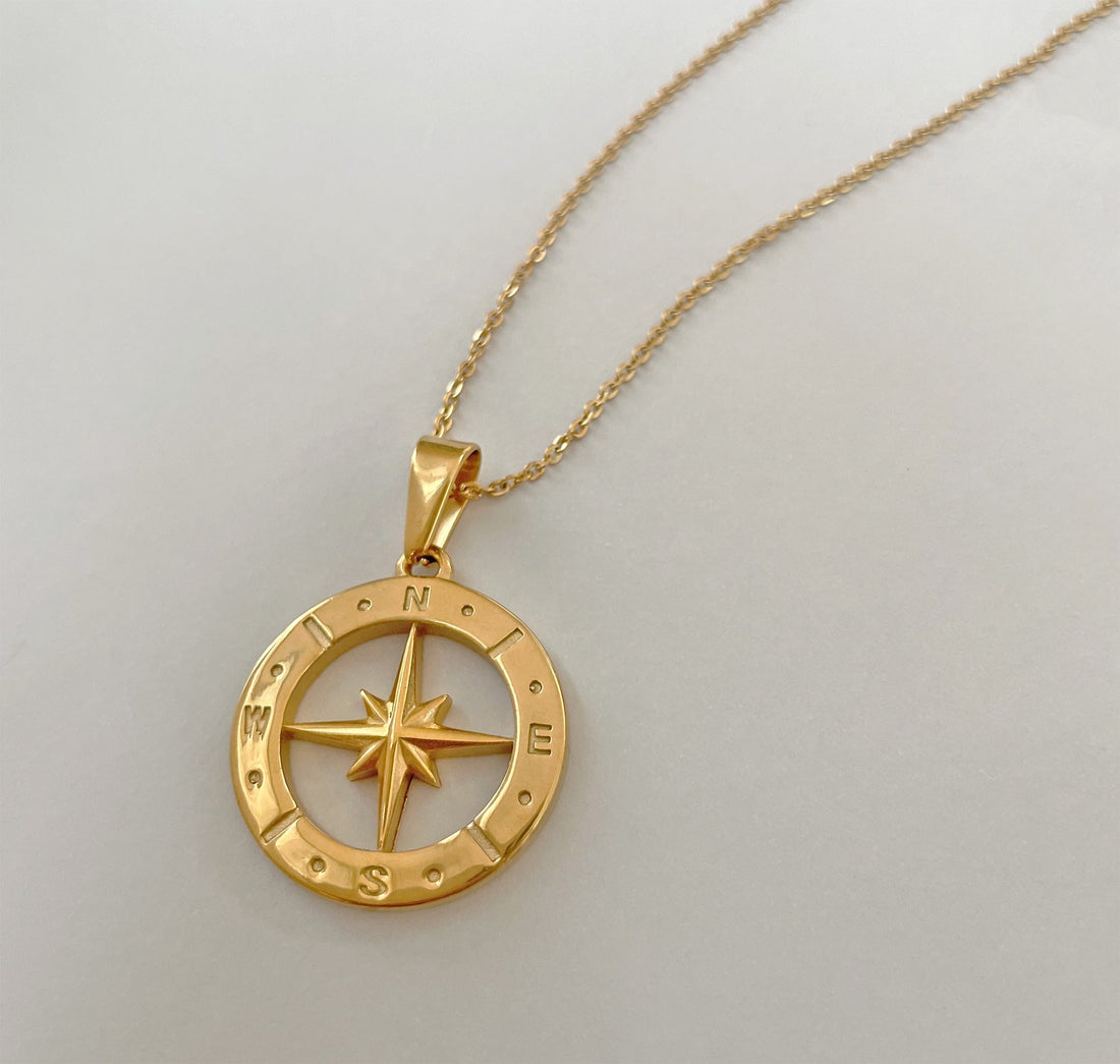 gold compass pendant necklace mens waterproof jewelry