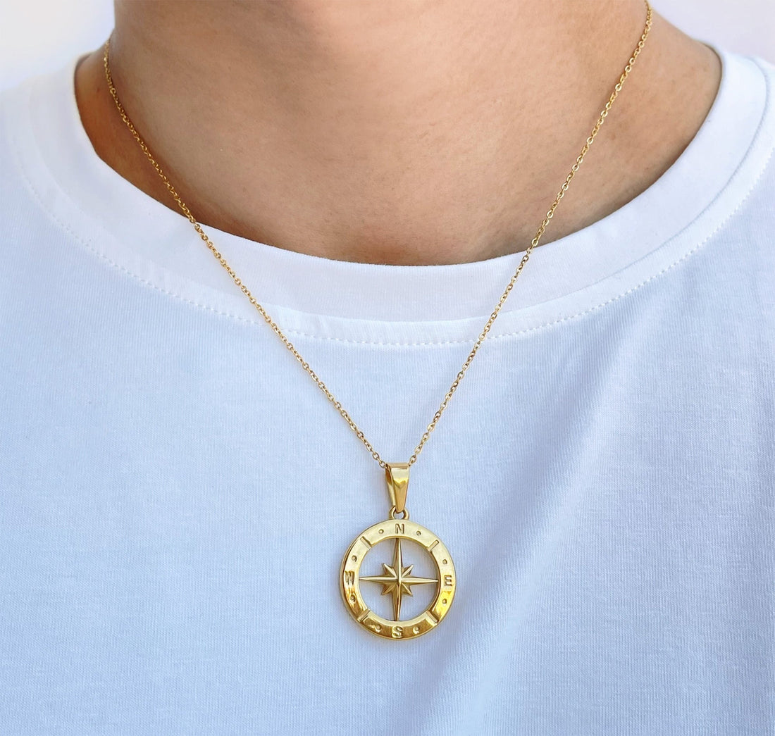 gold compass pendant necklace mens waterproof jewelry