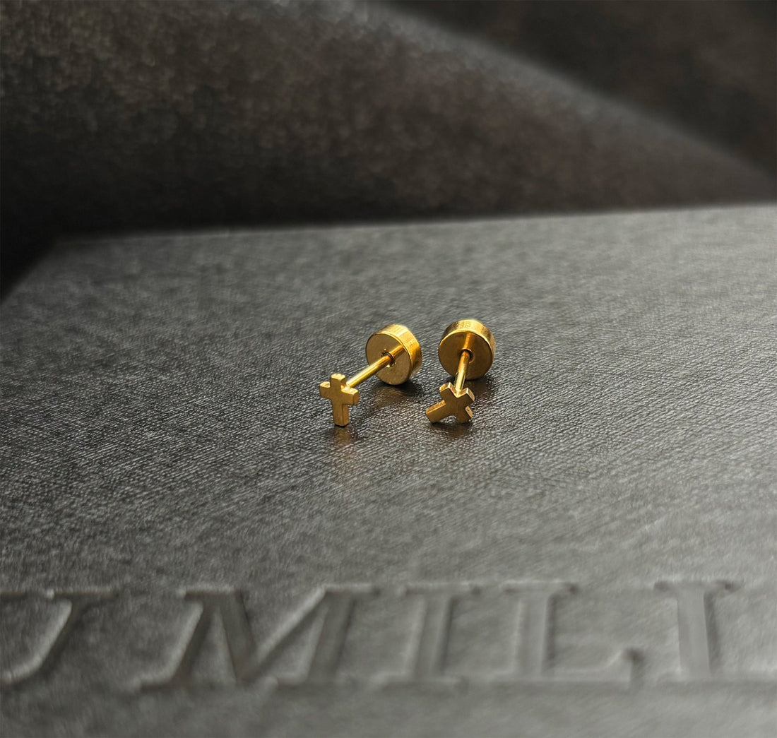 gold cross screw back earring mens waterproof jewelry