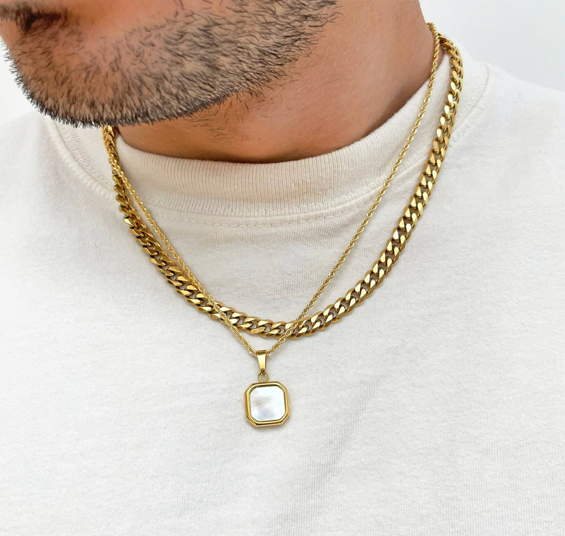 gold-pearl-pendant-necklace-stack-mens-waterproof-jewelry
