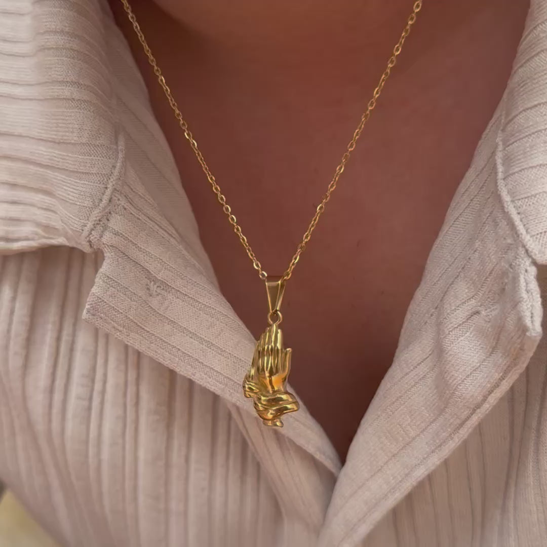 GOLD PRAYER HANDS PENDANT NECKLACE