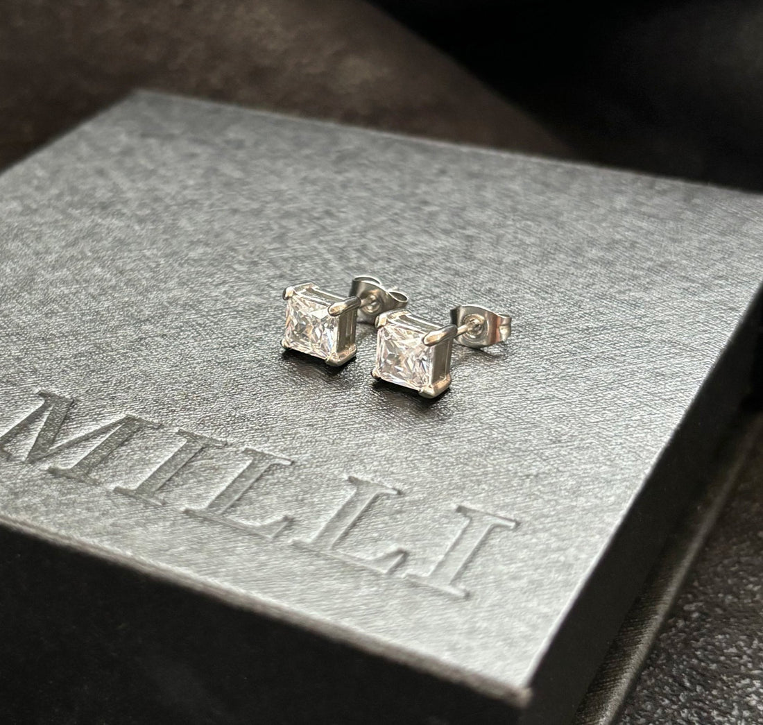 silver square diamond earrings mens waterproof jewlry