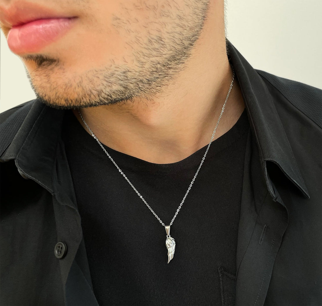 silver angel wing pendant necklace mens waterproof jewelry