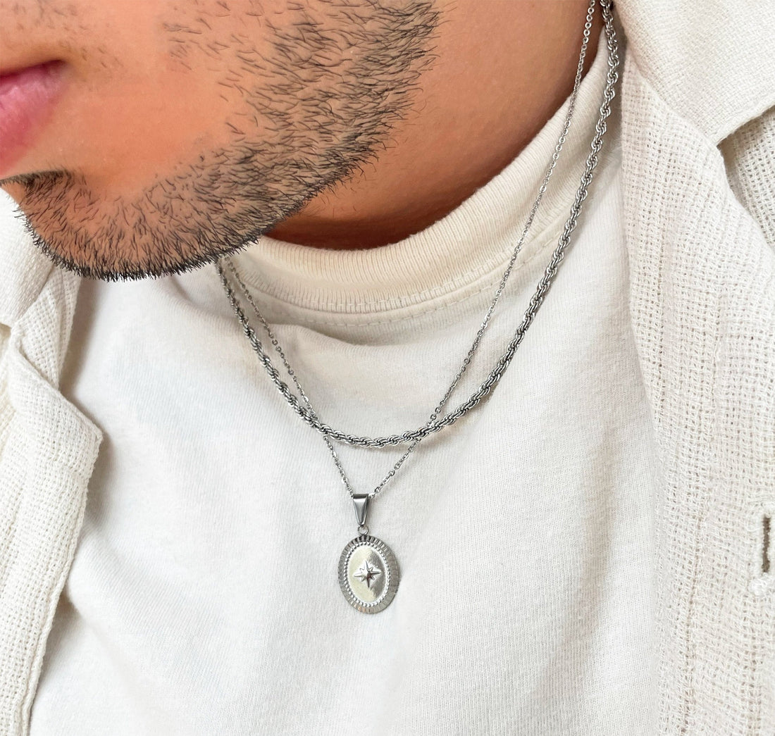 silver starburst pendant necklace mens waterproof jewelry