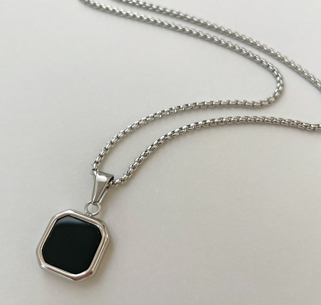 silver onyx square pendant necklace mens waterproof jewelry