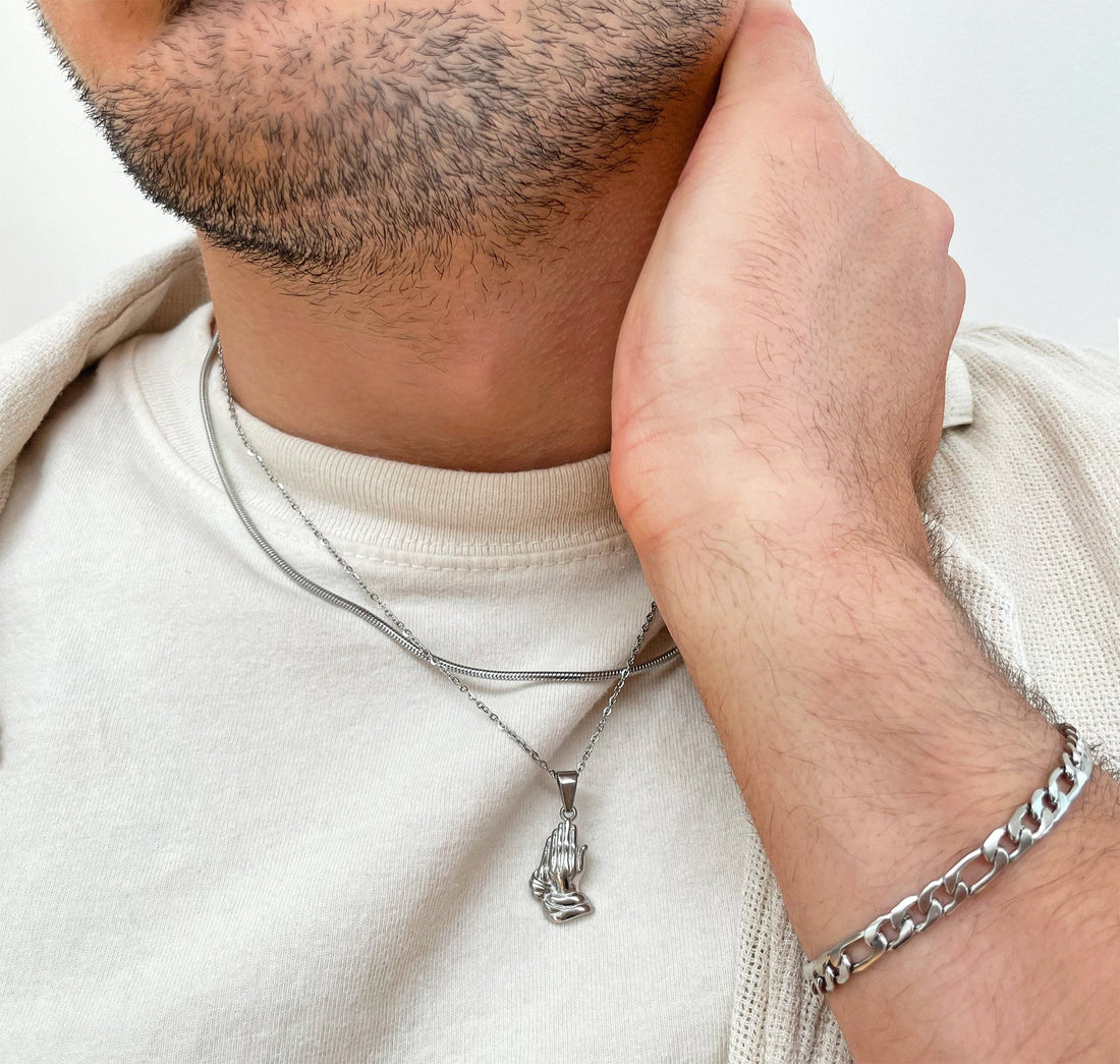 silver prayer hands pendant necklace mens waterproof jewelry