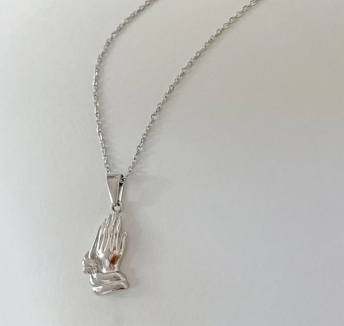 silver prayer hands pendant necklace mens waterproof jewelry