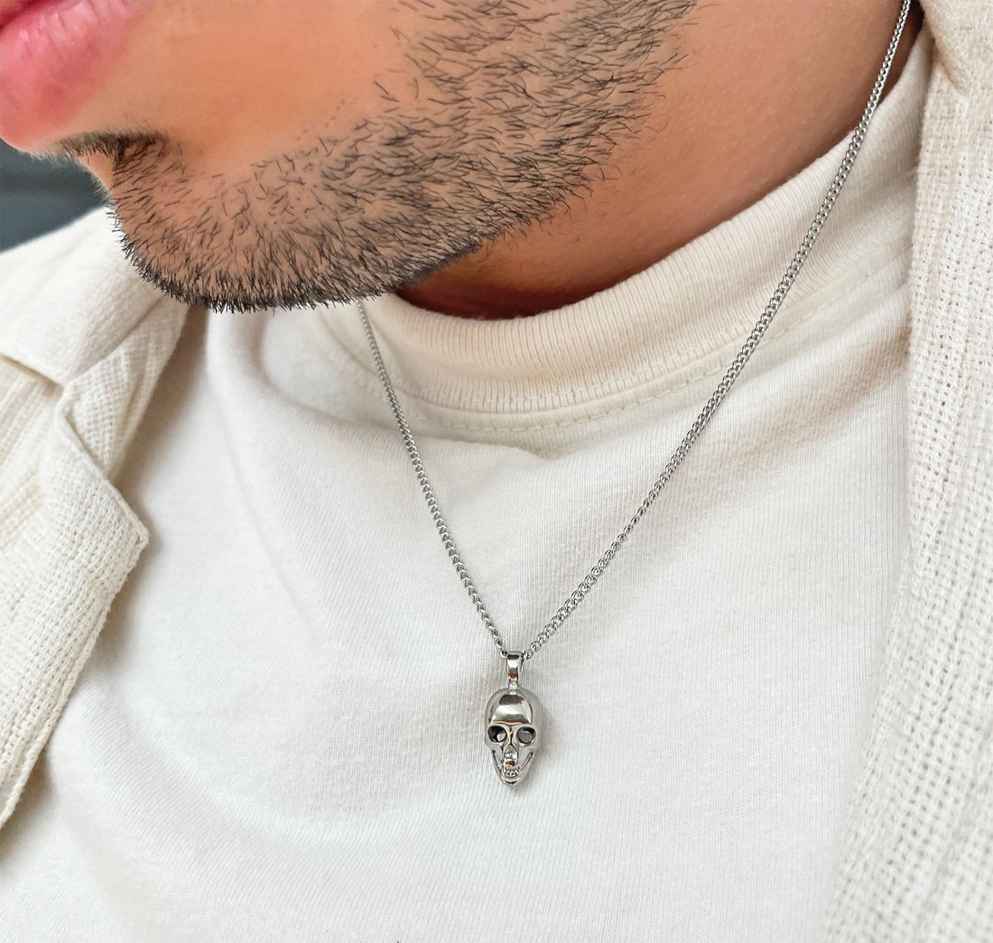 silver skull pendant necklace mens waterproof jewelry