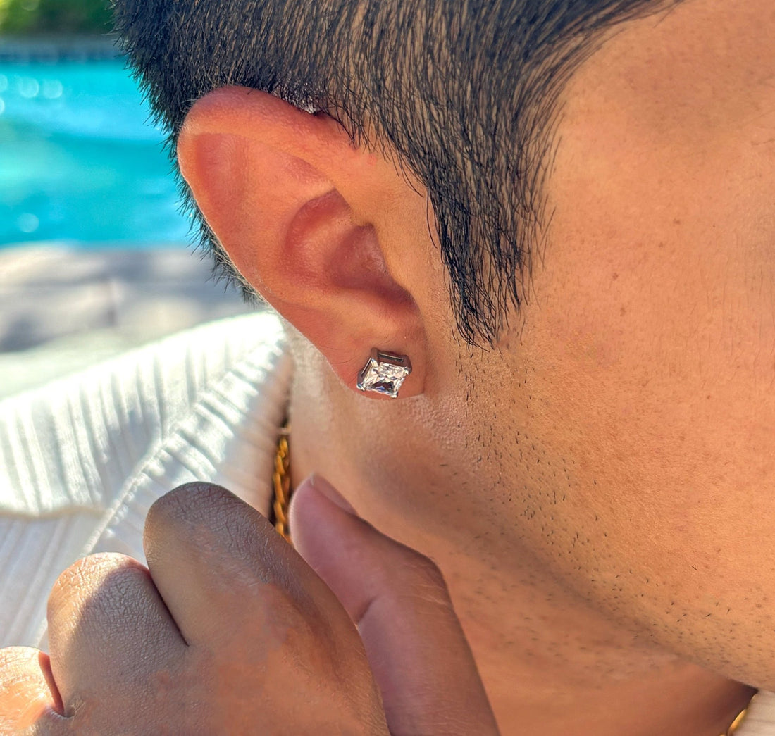 silver square diamond earrings mens waterproof jewelry