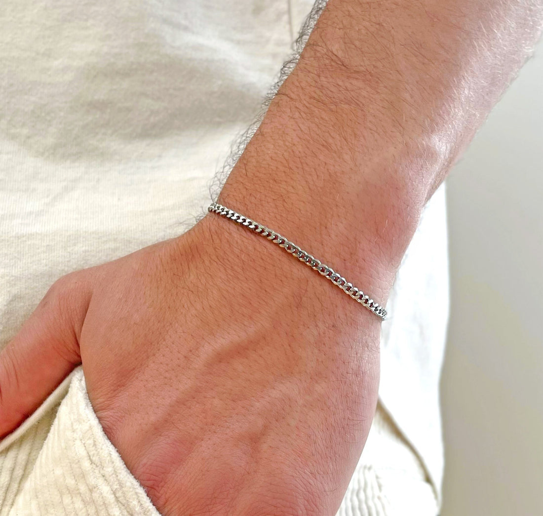 thin silver curb chain bracelet mens waterproof jewelry